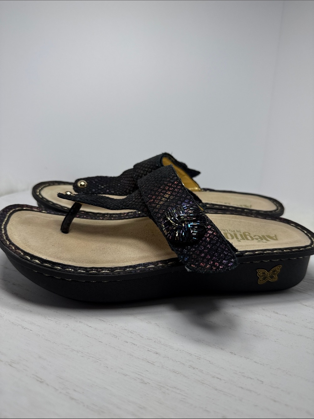 Alegria Black Iridescent Embellished Thong Sandals - Picture 4 of 9